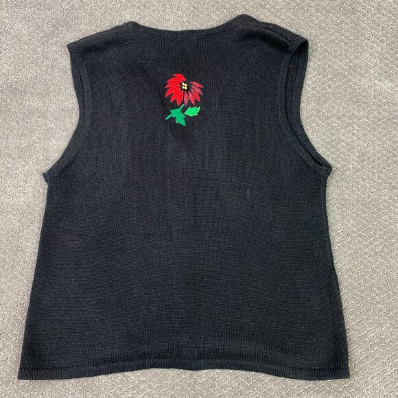 Vintage Bobbie Brooks Ugly Christmas Sweater Vest Women's Large Black Poinsettia - Picture 3 of 8